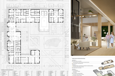  Praca dyplomowa mgr. inż. arch. Przemysława Dybasia przedstawiająca rzut i wizualizację wnętrza budynku.